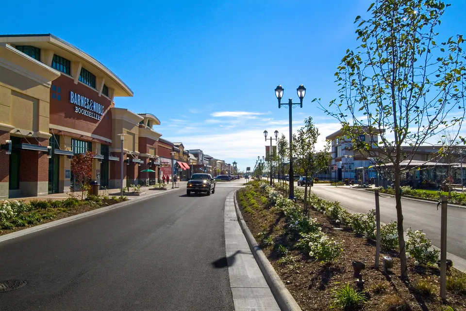 Retail roadway with street trees, planted median edge, storefronts, lamp posts, and maintained curb line